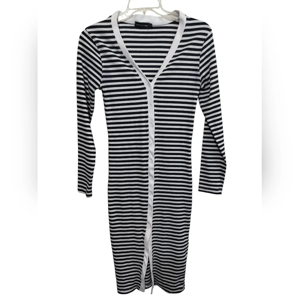 2960)Pretty Little Thing Thick Rib Striped Button Through Long Sleeve Dress 10 - Picture 2 of 11